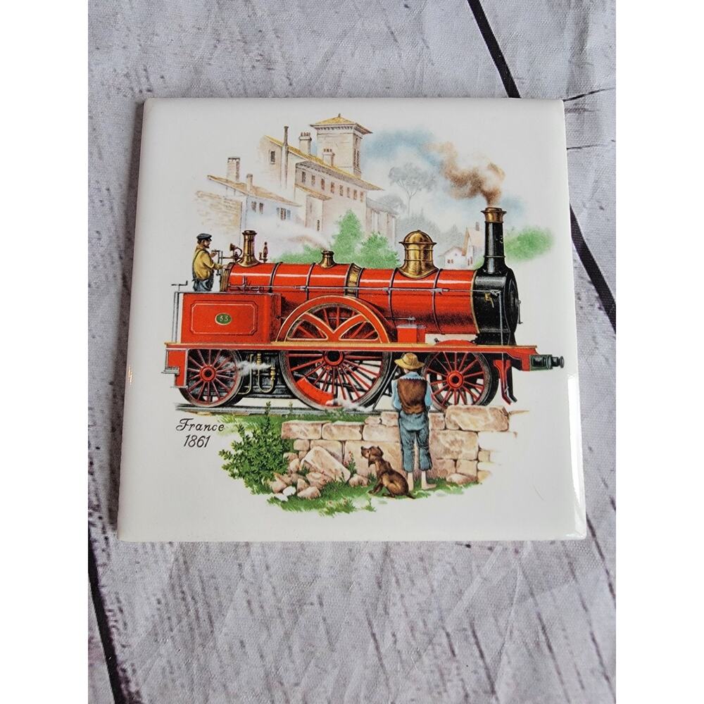 France 1861 Steam Train Tile Trivet Wall Decor 4.25inches